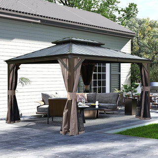 Hardtop Gazebo with Galvanized Steel Double Roof, Metal Gazebos with Drainage System Patio Pergola for Patio Deck Backyard,Curtain and Netting