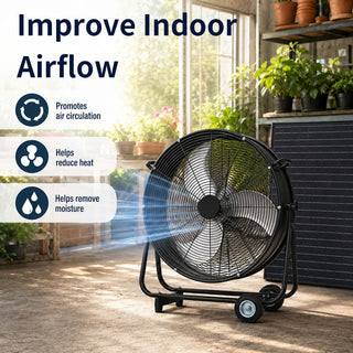 24"/30" Wheeled Solar Ventilation Fan with 140W Adjustable Monocrystalline Panel, 130W DC Brushless Motor & 3-Speed Remote for Warehouse & Workshop