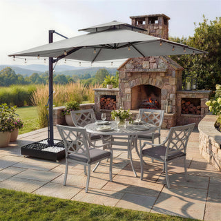 10 FT Square Aluminum Cantilever Patio Umbrella with Hook – Offset Outdoor Umbrella in Navy Blue/Tan/Gray for Patio & Garden