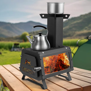 Patented Portable Wood Camping Burning Stove Heater Tabletop Fire Pit with 2 Cooking Positions