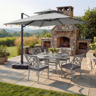10 FT Square Aluminum Cantilever Patio Umbrella with Hook – Offset Outdoor Umbrella in Navy Blue/Tan/Gray for Patio & Garden