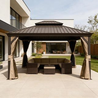 Hardtop Gazebo with Galvanized Steel Double Roof, Metal Gazebos with Drainage System Patio Pergola for Patio Deck Backyard,Curtain and Netting