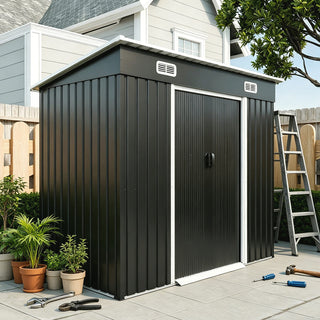 8 x 4 FT Outdoor Metal Storage Shed, Galvanized Steel Shed with Sliding Door, Lockable Design, Air Vents & Threshold for Garden Tools