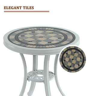 24" Round Cast Aluminum Outdoor Bistro Table with Ceramic Tile Top in Antique Bronze/White, Standard Height for Patio & Garden