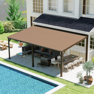 Wall-Mounted Hardtop Lean-to Gazebo with Gutters – Galvanized Steel Roof Outdoor Pergola Canopy
