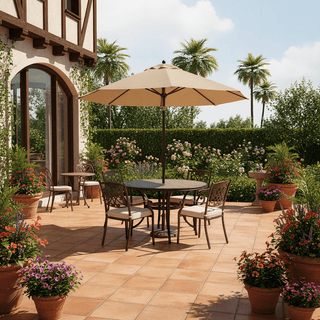 5-Piece Outdoor Cast Aluminum Dining Set with Tile-Top Round Table & Cushioned Chairs, Patio Furniture with Umbrella Hole