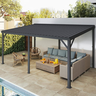 Wall-Mounted Hardtop Lean-to Gazebo with Gutters – Galvanized Steel Roof Outdoor Pergola Canopy