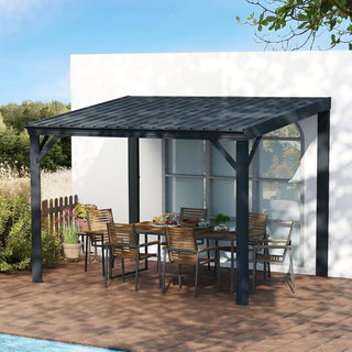 Wall-Mounted Hardtop Lean-to Gazebo with Gutters – Galvanized Steel Roof Outdoor Pergola Canopy