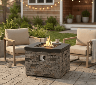 32-Inch 40,000 BTU Propane Fire Pit Table with Lightweight Concrete Finish, Lava Rocks & Cover
