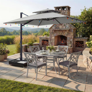 10 FT Square Aluminum Cantilever Patio Umbrella with Hook – Offset Outdoor Umbrella in Navy Blue/Tan/Gray for Patio & Garden