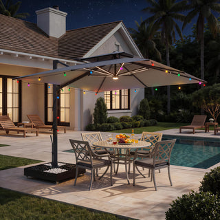 10×10 FT Double Top Aluminum Cantilever Patio Umbrella with LED Lights & Hook – Offset Outdoor Umbrella in Navy Blue/Tan/Gray