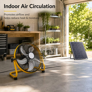 12-Inch Solar Floor Fan, 30W Adjustable Monocrystalline Panel, 1500mAh Rechargeable Battery, 3-Speed Remote & Dual Power – Yellow