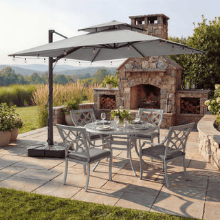 10 FT Square Aluminum Cantilever Patio Umbrella with Hook – Offset Outdoor Umbrella in Navy Blue/Tan/Gray for Patio & Garden