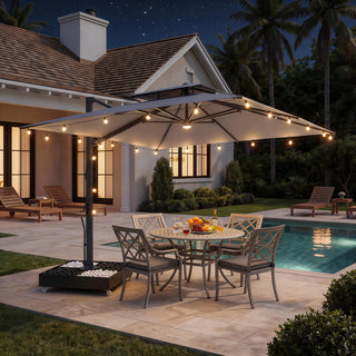 10×10 FT Double Top Aluminum Cantilever Patio Umbrella with LED Lights & Hook – Offset Outdoor Umbrella in Navy Blue/Tan/Gray