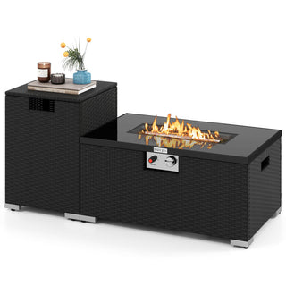 2-Piece Outdoor Rattan Fire Table Set 32 Inch Rectangle Gas Firepit with Tank Cover