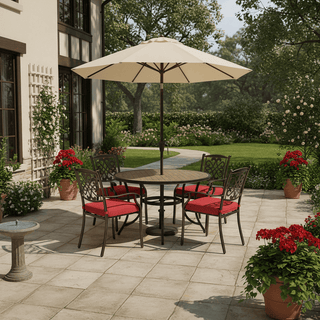 5-Piece Outdoor Cast Aluminum Dining Set with Tile-Top Round Table & Cushioned Chairs, Patio Furniture with Umbrella Hole