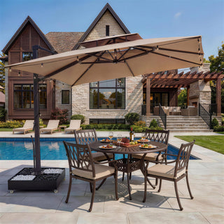 10 FT Square Aluminum Cantilever Patio Umbrella with Hook – Offset Outdoor Umbrella in Navy Blue/Tan/Gray for Patio & Garden