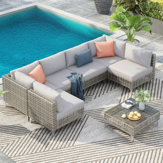 7-Piece Wicker Patio Conversation Set with Thick Cushions & Coffee Table | Outdoor Sectional Sofa for Backyard & Porch