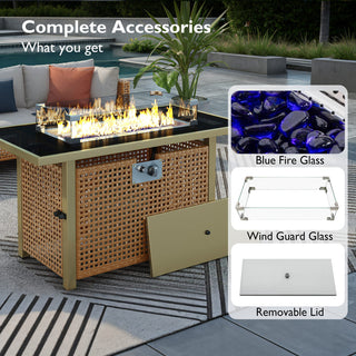 43" Propane Gas Fire Pit Table, 60000 BTU Rectangular Open Weave Wicker Fire Pit with Glass Wind Guard for Outside Patio Deck Garden Backyard