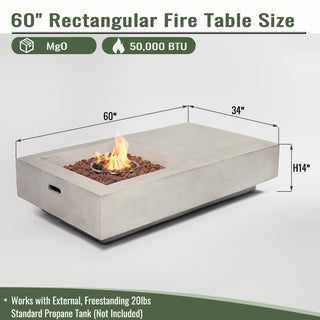 60" Propane Gas Fire Pit Table, 50000 BTU Rectangular Concrete Fire Pit for Outside Patio Deck Garden Backyard- Light Gray