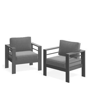 Set of 2 28" All-Weather Metal Patio Armchairs with Thick Gray Cushions & Gray Frame