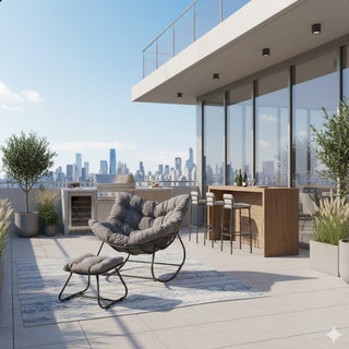 Dark Gray/Light Gray/Green Egg Rocking Chair with Ottoman, All-Weather Wicker Lounge & Cushions