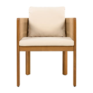 Acacia Wood Outdoor Dining Chairs 2-Pack with Mix White Rope Handles, Washable Waterproof Brown/Grey/Beige Cushions, 400 lbs Capacity