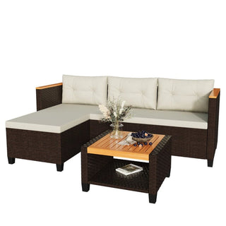 3-Piece L-Shaped Wicker Patio Set with Beige/Gray Cushions and Acacia Wood Storage Table