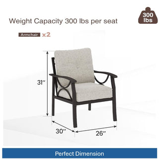 Set of 2 All-Weather Metal Armchairs, Black/Khaki Frame with Gray/Beige Cushions