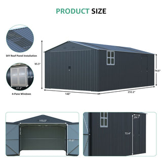 Upgraded 13x20FT Outdoor Storage Shed, Large Metal Garage Shed with Two Windows and Two Translucent Panels for Car, Truck, Bike, Lawnmower, Backyard Tool