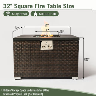 Outdoor Gas Fire Pit Square Dark Brown Wicker Fire Pit Table Propane Fire Table with Glass Rocks