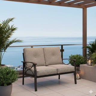 48" All-Weather Metal Loveseat 2 Seats Couch Sofa with Gray/Beige/Khaki Cushions with black Frame