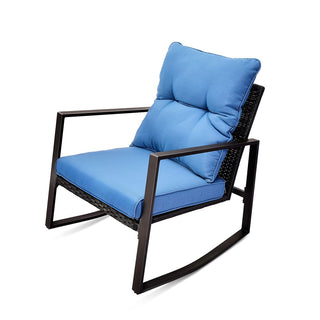 3 Pieces Patio Bistro Set Outdoor Rocking Chair w Blue Cushion for Yard Garden Poolside