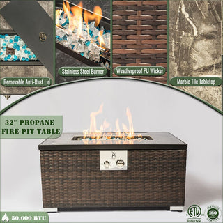 32" Propane Gas Fire Pit Table, 50000 BTU Rectangular Fire Pit, Tile Tabletop with Beautiful Wicker Base for Outside Patio Deck Garden Courtyard-Brown