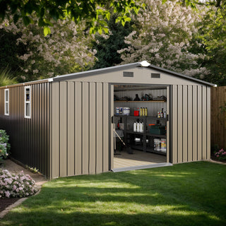 10x12 Ft Outdoor Steel Storage Shed with Dual Windows, Protective Coated Color Steel Panels & Spacious Utility Storage Design