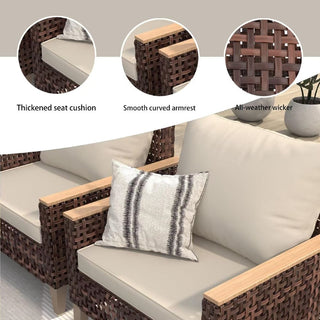 High footed hollowed out rattan terrace furniture set, 5 pieces, 7 seats, sofa set with cushion, 4-inch thick cushion