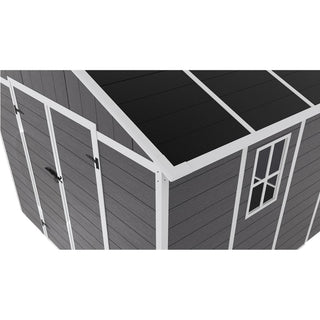 8X8 FT resin storage shed, high quality pp material with Lockable Door, strong structure, waterproof, rust and UV proof, large storage space, 12mm thick pp board, HD window lighting