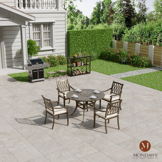 5-Piece Outdoor Patio Dining Set, Cast Aluminum 48" Round Table with Umbrella Hole and 4 Upholstered Chairs