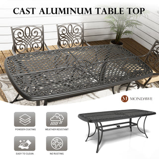 Patio Black Gold Rectangle Cast Aluminum Outdoor Dining Table with Umbrella Hole