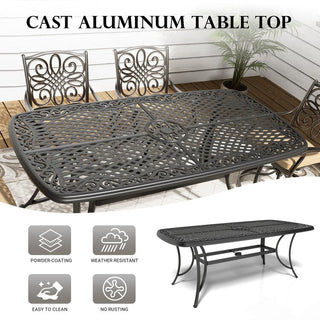 Patio Black Gold Rectangle Cast Aluminum Outdoor Dining Table with Umbrella Hole