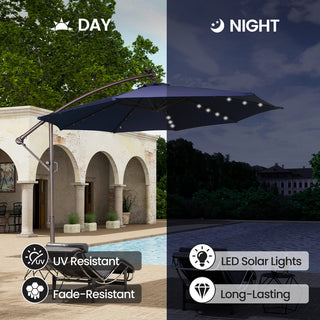 11 FT Steel Pole Solar LED Offset Patio Umbrella with 360° Rotation & Easy Crank – Outdoor Hanging Cantilever Umbrella for Patio & Garden