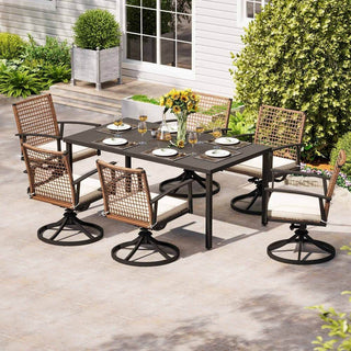 7-Piece Outdoor Patio Dining Set with 6 Swivel Cushioned Chairs & Iron Slat Table with Umbrella Hole for Backyard & Garden