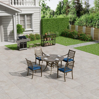 5-Piece Outdoor Patio Dining Set, Cast Aluminum 48" Round Table with Umbrella Hole and 4 Upholstered Chairs