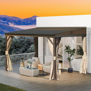 Hardtop Wall Mounted Gazebo with Sloping Galvanized Steel Roof, Aluminum Frame, Drainage System, Curtains and Netting, for Patio, Deck, Garden, Backyard