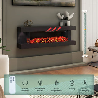 50"/60"/72" Wall-Mounted Electric Fireplace with Suspended LED Lighting, Modern Indoor Fireplace for Living Room