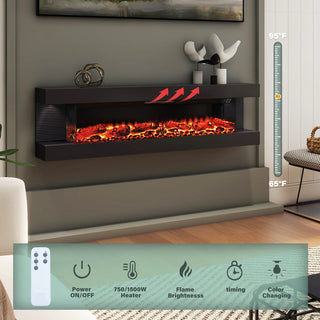 50"/60"/72" Wall-Mounted Electric Fireplace with Suspended LED Lighting, Modern Indoor Fireplace for Living Room