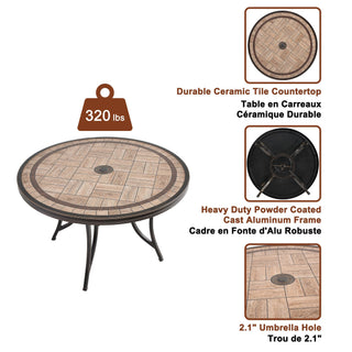 48-Inch Antique Bronze Round Tile-Top Patio Dining Table with Umbrella Hole