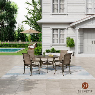 5-Piece Cast Aluminum Patio Dining Set with 4 Textilene Chairs  + 48-Inch Round Table with Umbrella Hole - Weather-Resistant Outdoor Set