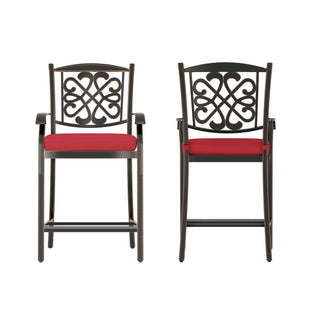 4-Piece Cast Aluminum Patio Bar Dining Chairs with Diamond-Mesh Curved Backrest – Red/Beige