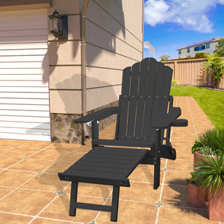 Navy Blue & Black Folding Plastic Adirondack Chair with Pull-Out Ottoman & Cup Holder for Outdoor Patio